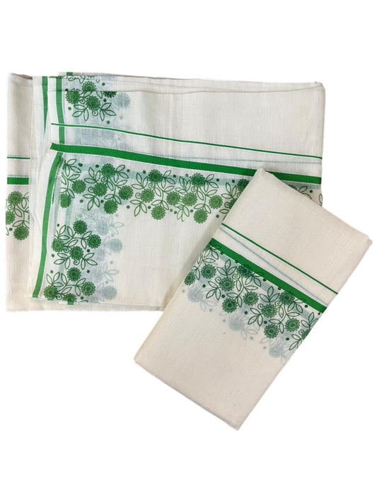 Southloom Cotton Single Set Mundu (Mundu Neriyathum) With Floral Digital Print in Green 2.80 Mtrs SL440