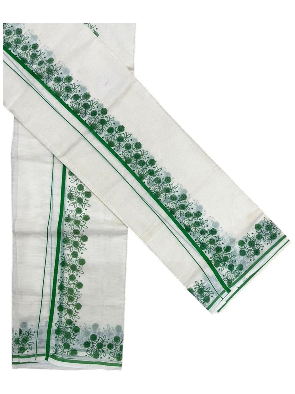Southloom Cotton Single Set Mundu (Mundu Neriyathum) With Floral Digital Print in Green 2.80 Mtrs SL440