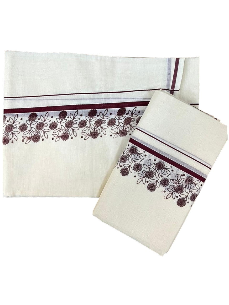 Southloom Cotton Single Set Mundu (Mundu Neriyathum) With Floral Digital Print in Maroon 2.80 Mtrs SL440