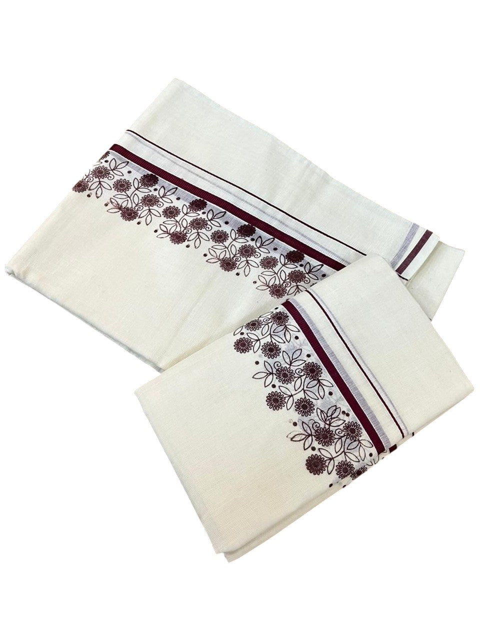 Southloom Cotton Single Set Mundu (Mundu Neriyathum) With Floral Digital Print in Maroon 2.80 Mtrs SL440