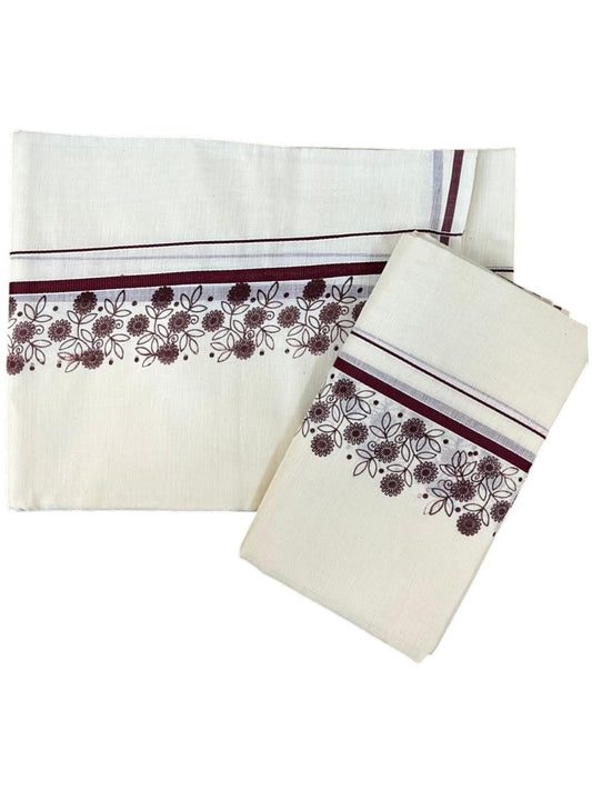 Southloom Cotton Single Set Mundu (Mundu Neriyathum) With Floral Digital Print in Maroon 2.80 Mtrs SL440