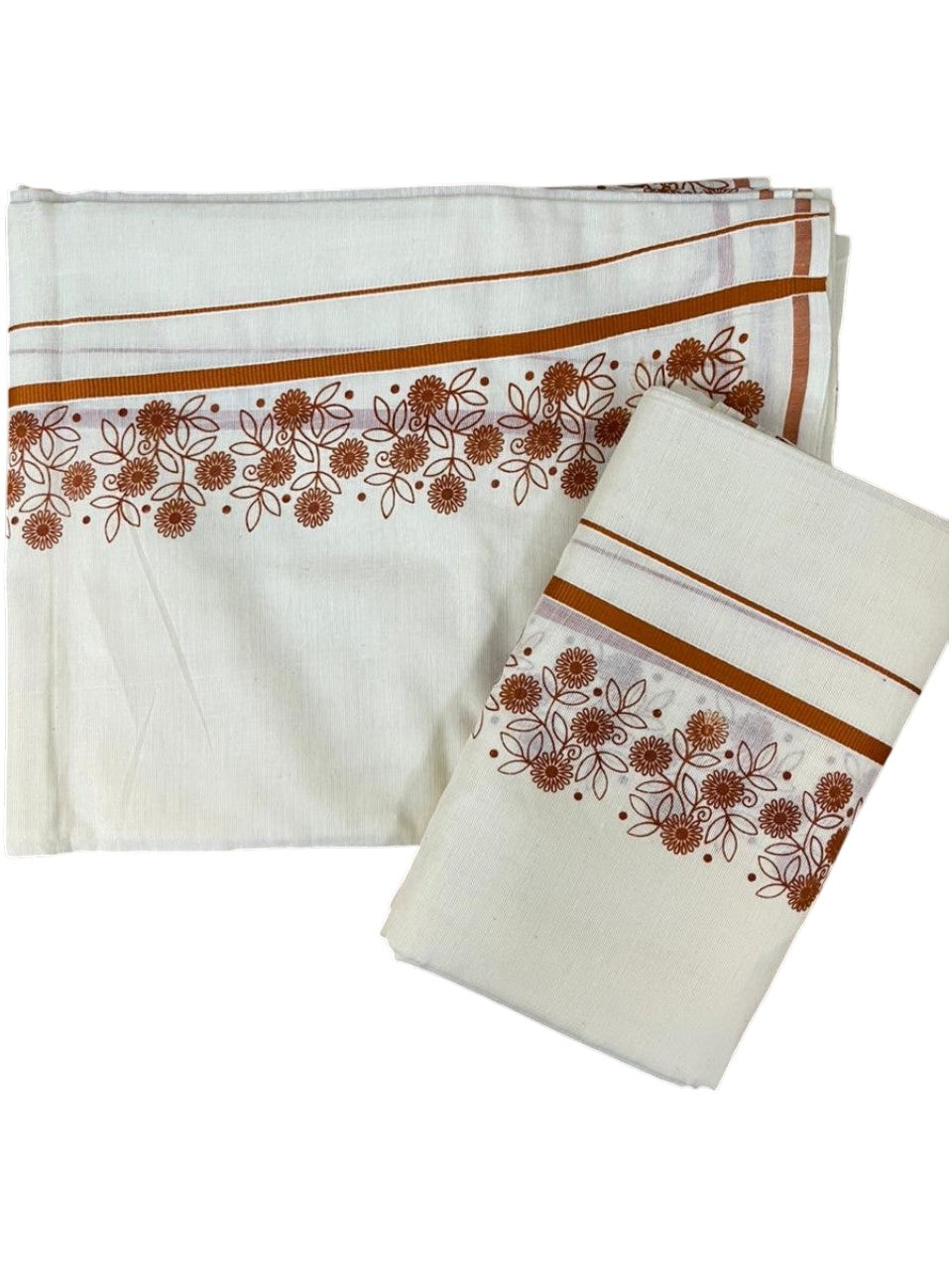 Southloom Cotton Single Set Mundu (Mundu Neriyathum) With Floral Digital Print in Saffron 2.80 Mtrs SL440