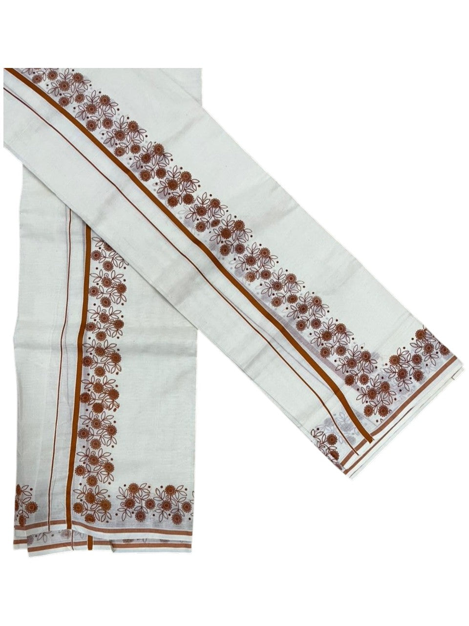 Southloom Cotton Single Set Mundu (Mundu Neriyathum) With Floral Digital Print in Saffron 2.80 Mtrs SL440