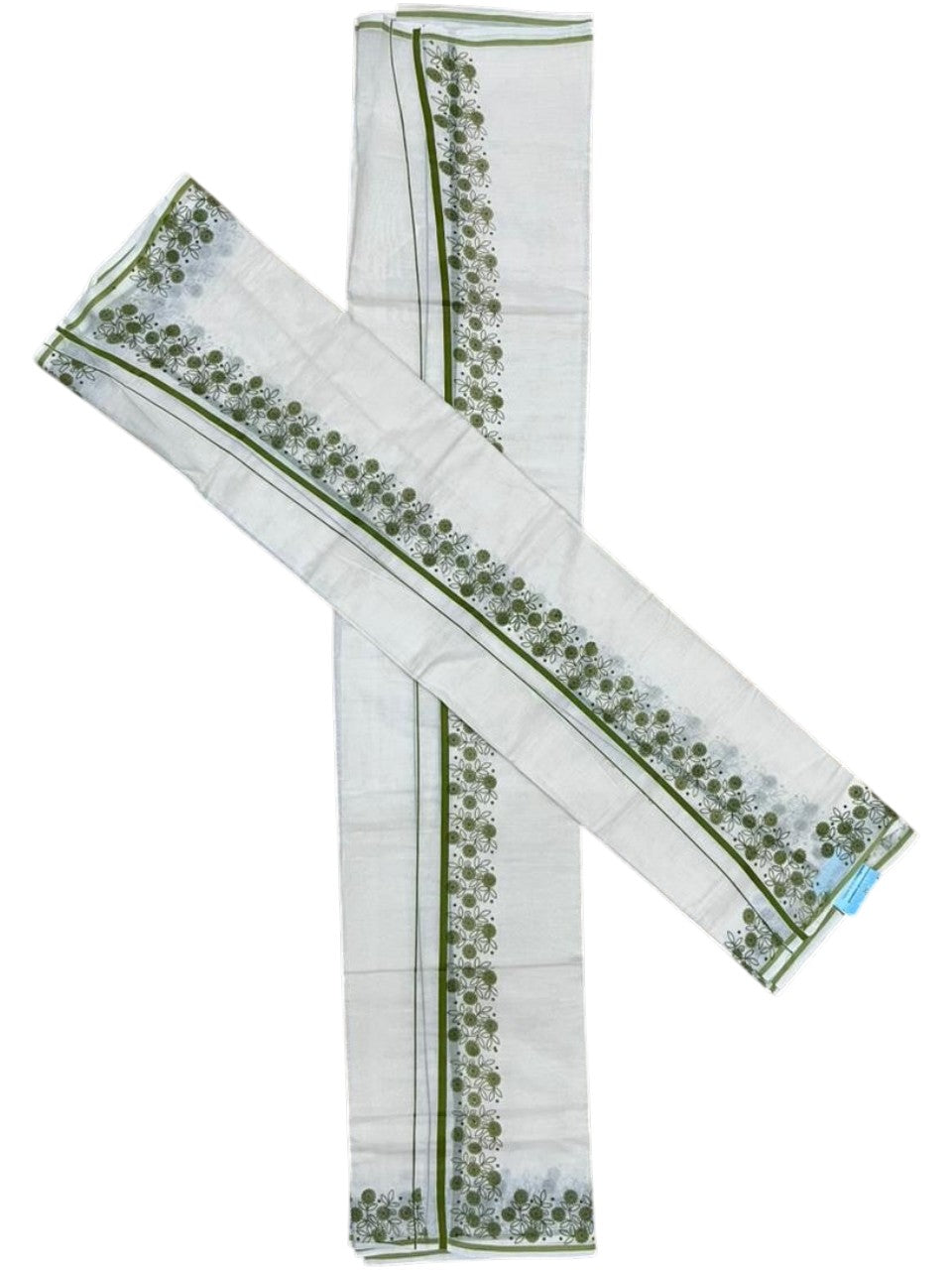 Southloom Cotton Single Set Mundu (Mundu Neriyathum) With Floral Digital Print in Olive Green 2.80 Mtrs SL440