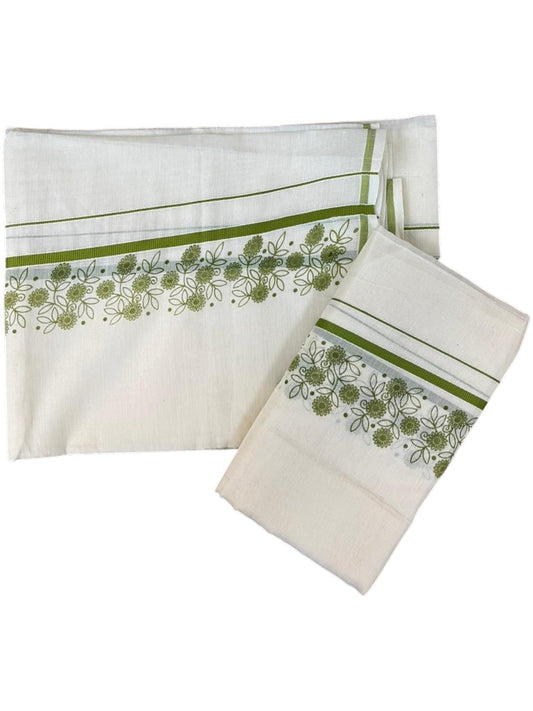 Southloom Cotton Single Set Mundu (Mundu Neriyathum) With Floral Digital Print in Olive Green 2.80 Mtrs SL440