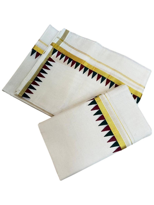Southloom Cotton Single Kasavu Set Mundu (Mundu Neriyathum) With Maroon and Green Temple Border 2.80 Mtrs SL442