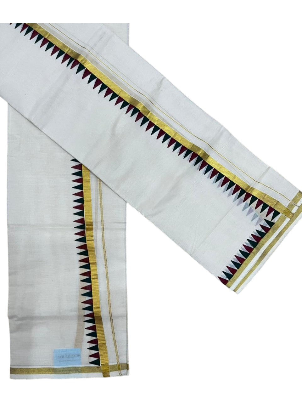 Southloom Cotton Single Kasavu Set Mundu (Mundu Neriyathum) With Maroon and Green Temple Border 2.80 Mtrs SL442