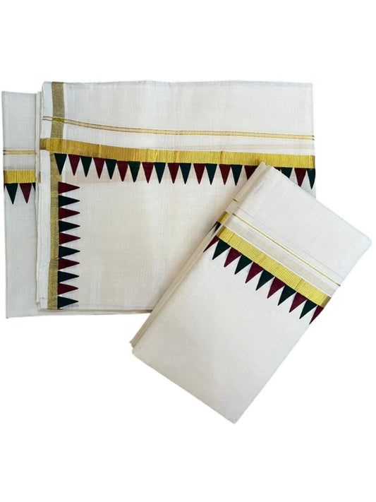 Southloom Cotton Single Kasavu Set Mundu (Mundu Neriyathum) With Maroon and Green Temple Border 2.80 Mtrs SL442