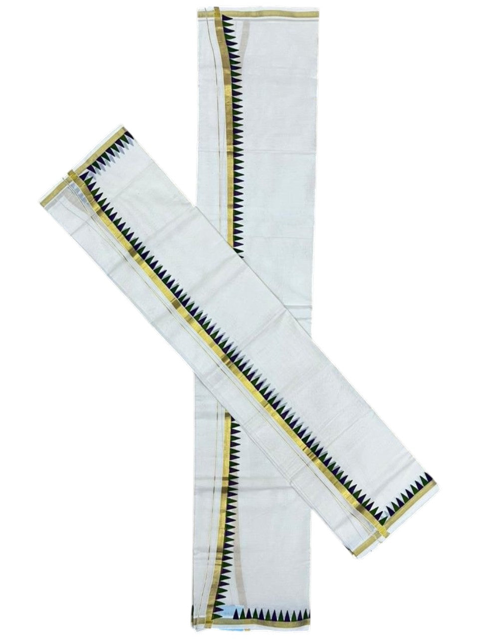 Southloom Cotton Single Kasavu Set Mundu (Mundu Neriyathum) With Violet and Green Temple Border 2.80 Mtrs SL442