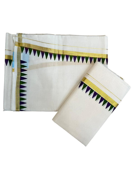 Southloom Cotton Single Kasavu Set Mundu (Mundu Neriyathum) With Violet and Green Temple Border 2.80 Mtrs SL442