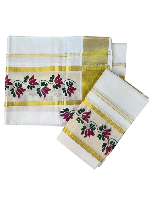 Southloom Cotton Single Set Mundu (Mundu Neriyathum) With Floral Digital Print in Maroon 2.80 Mtrs SL435
