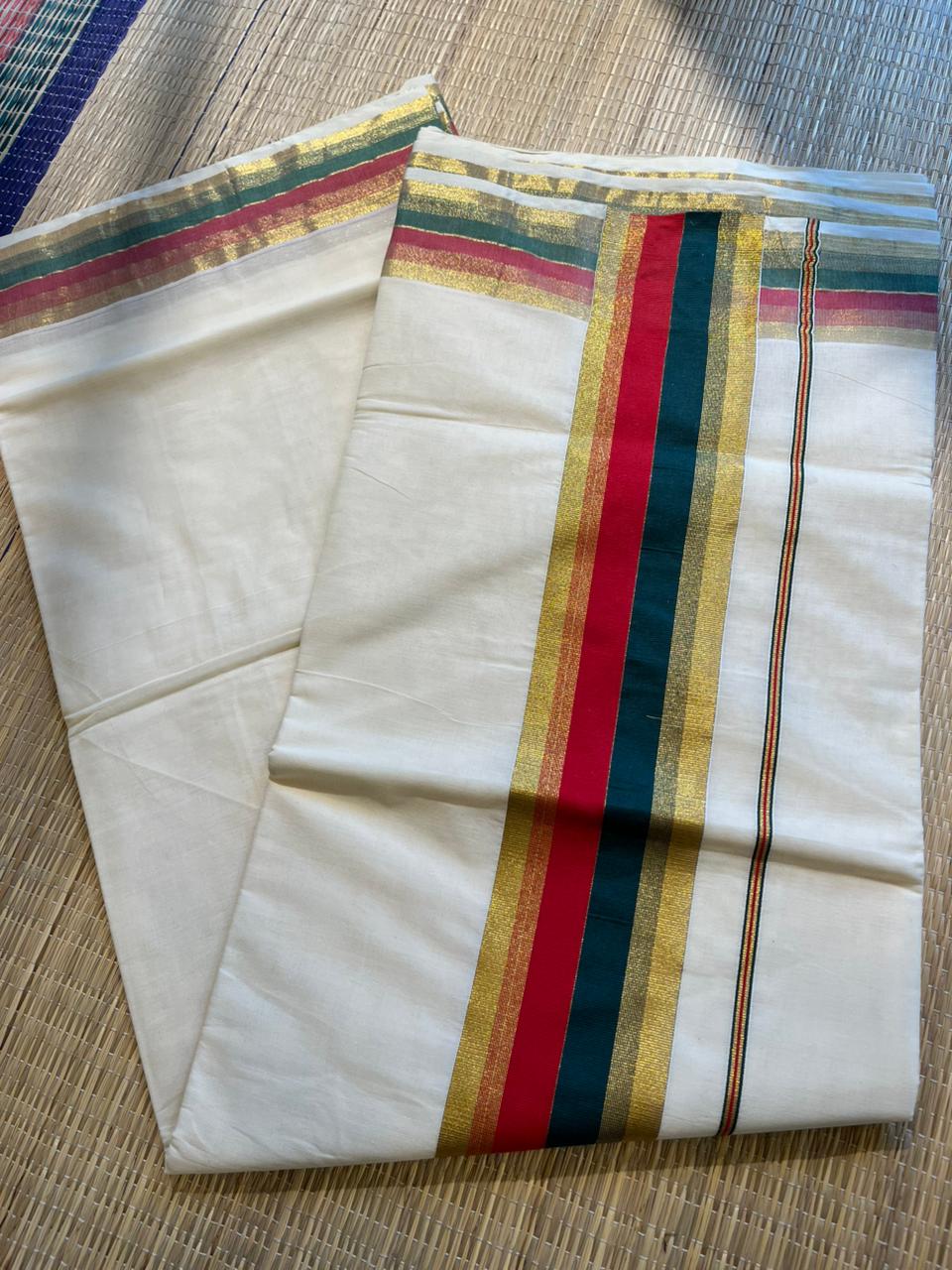 Kerala Cotton Kasavu Saree With Maroon and Green Border SL443