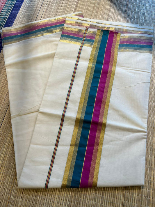 Kerala Cotton Kasavu Saree With Blue and Magenta Border SL443