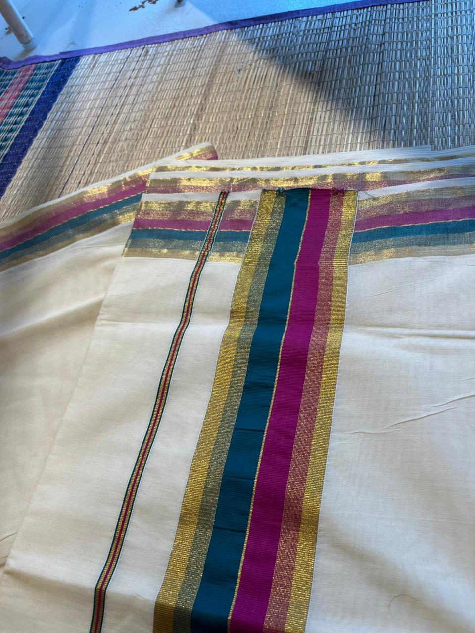 Kerala Cotton Kasavu Saree With Blue and Magenta Border SL443