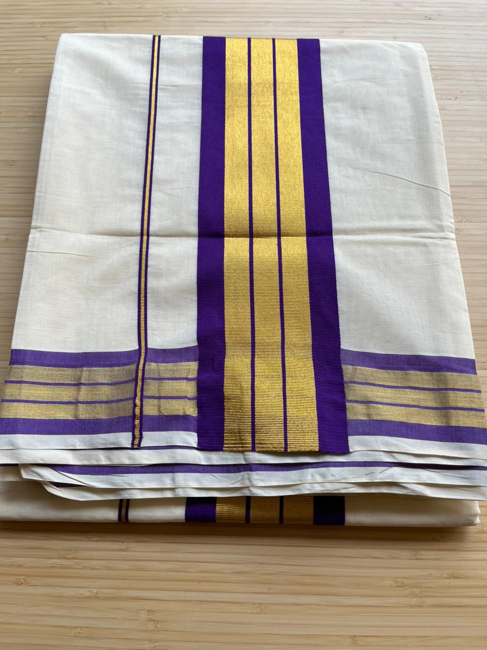 Kerala Cotton Golden Kasavu With Violet Border Saree SL445