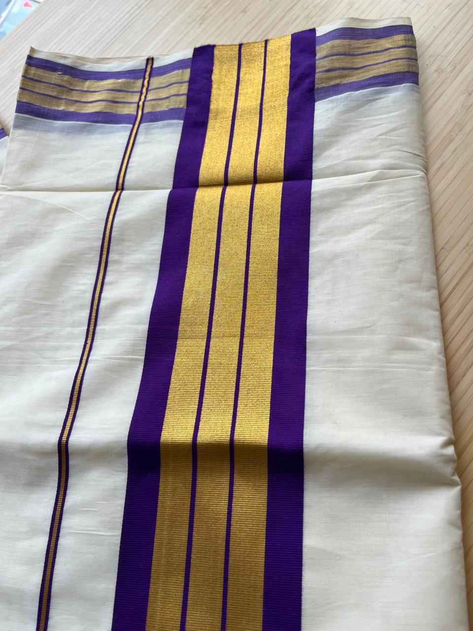 Kerala Cotton Golden Kasavu With Violet Border Saree SL445