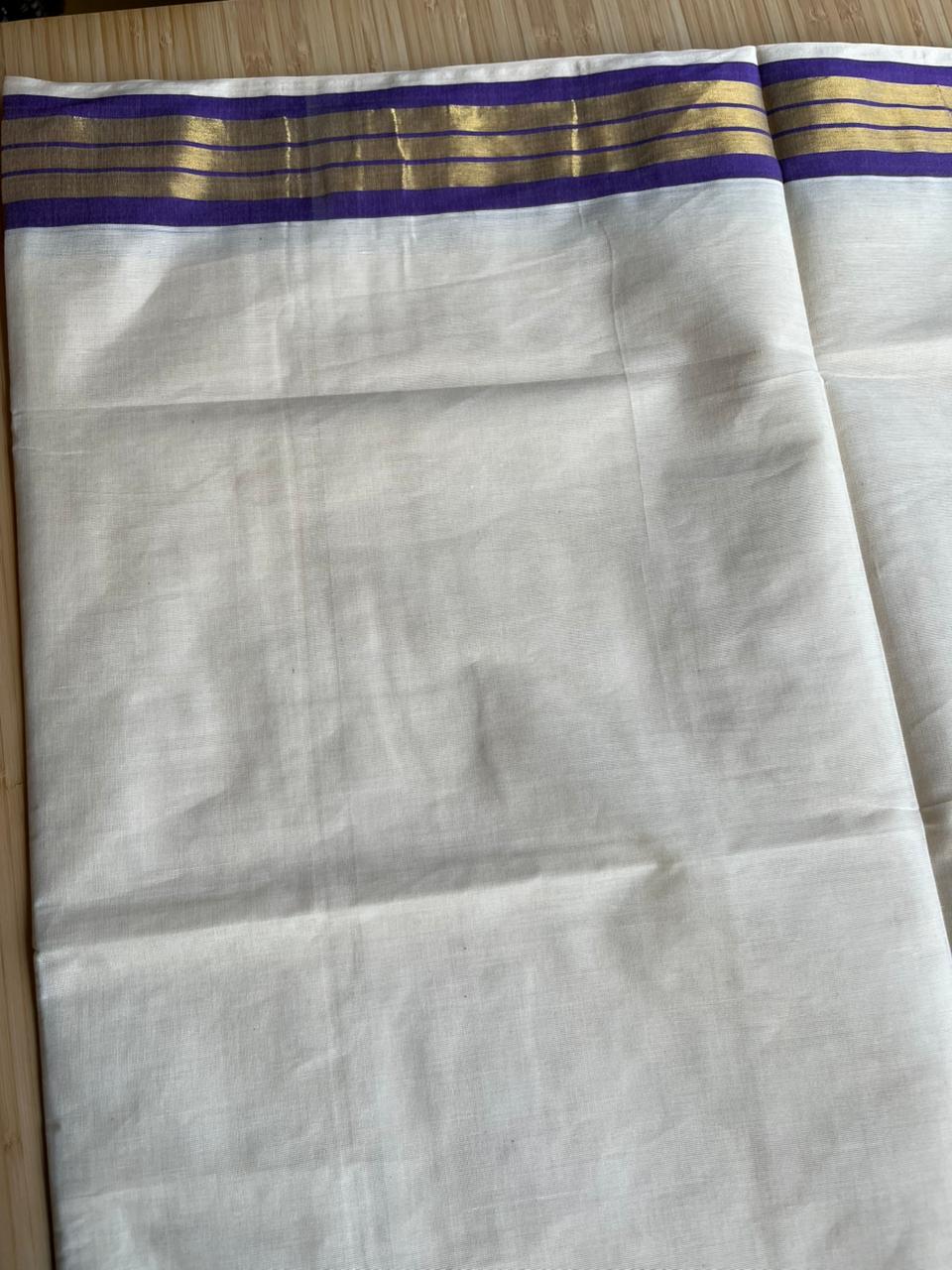Kerala Cotton Golden Kasavu With Violet Border Saree SL445