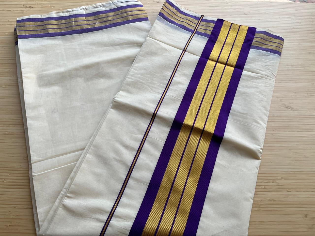 Kerala Cotton Golden Kasavu With Violet Border Saree SL445