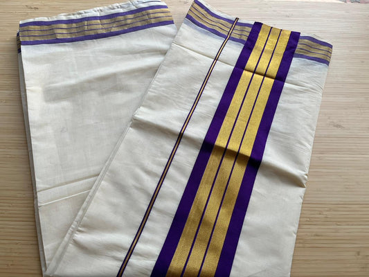 Kerala Cotton Golden Kasavu With Violet Border Saree SL445