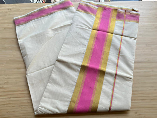 Kerala Cotton Kasavu Saree With Baby Pink Border SL446