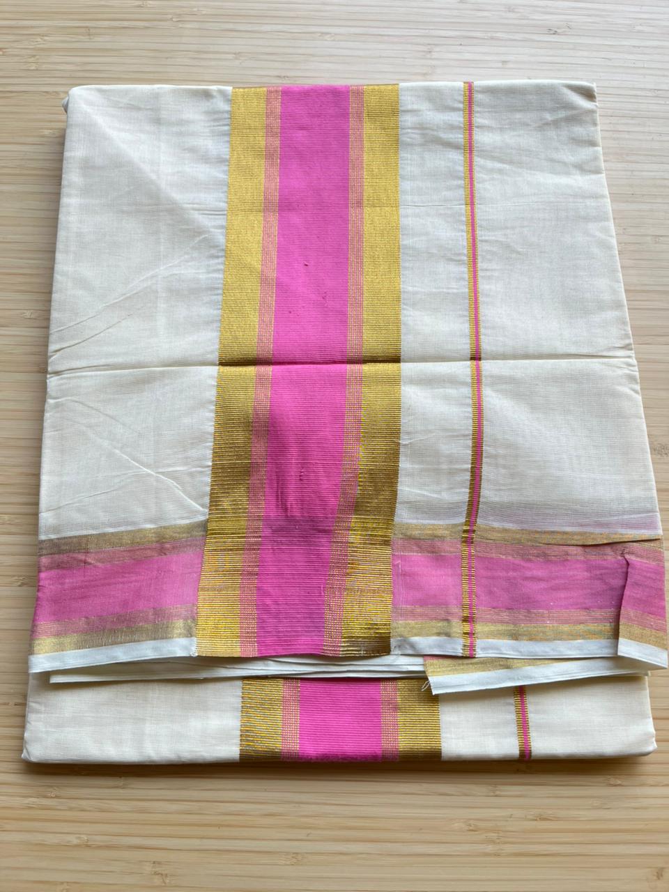 Kerala Cotton Kasavu Saree With Baby Pink Border SL446