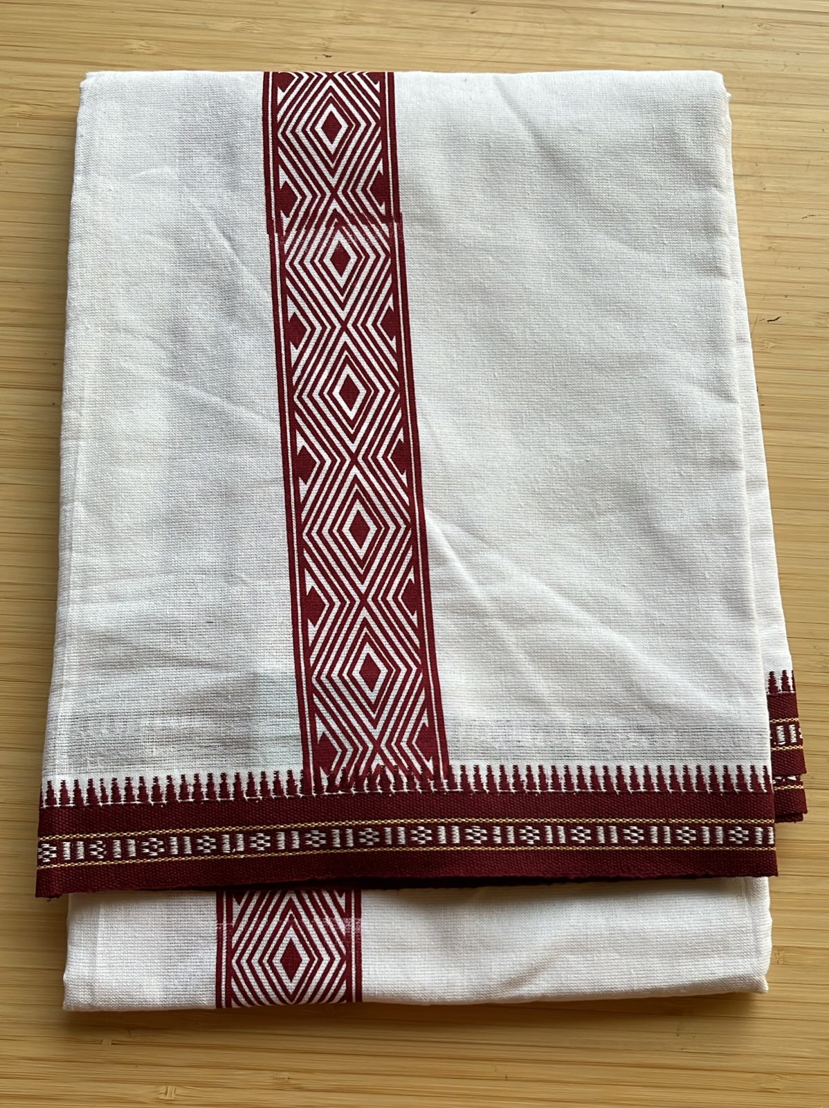 Pure White Single Dhoti With Maroon Colour Print SL319