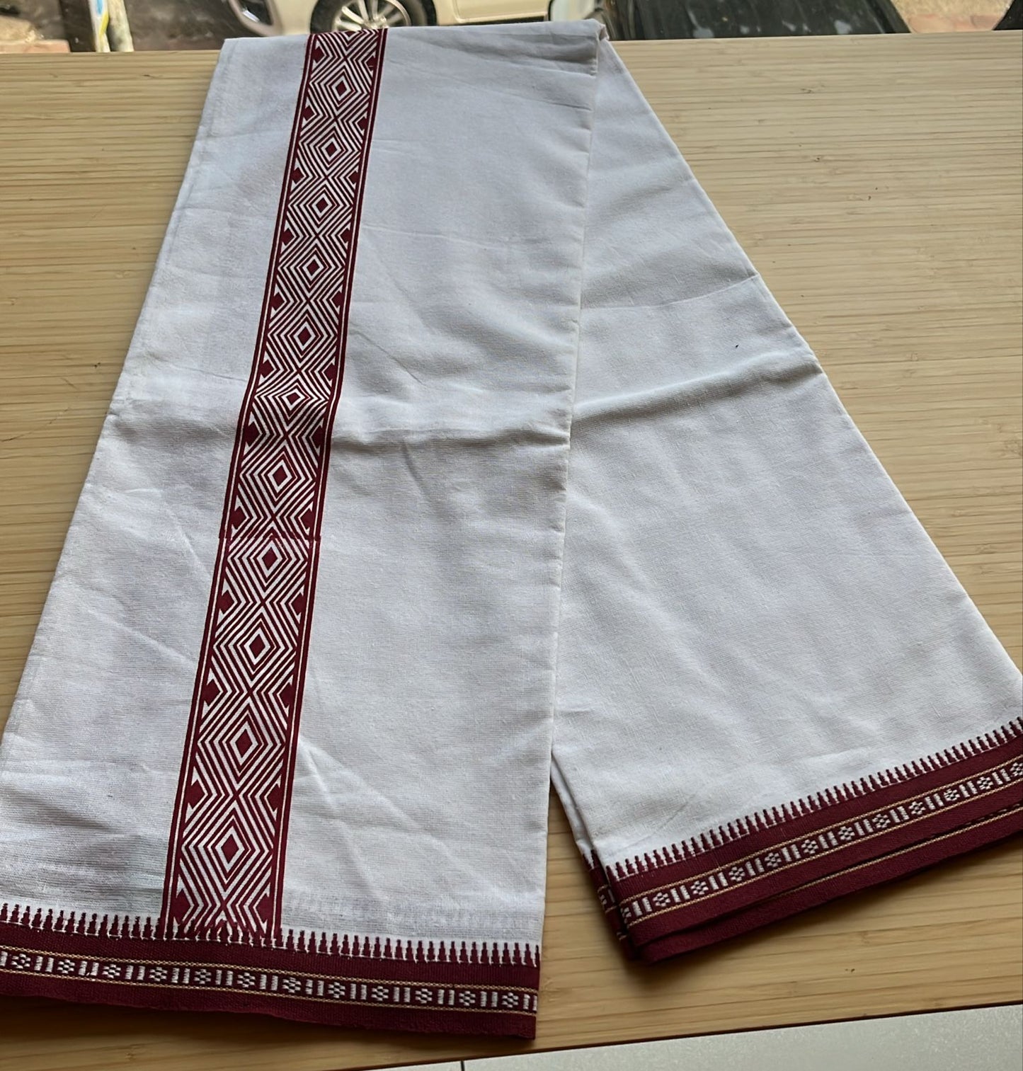 Pure White Single Dhoti With Maroon Colour Print SL319