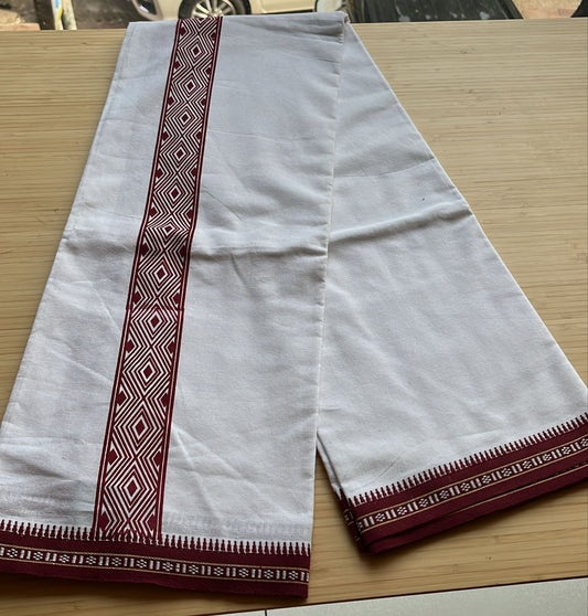 Pure White Single Dhoti With Maroon Colour Print SL319