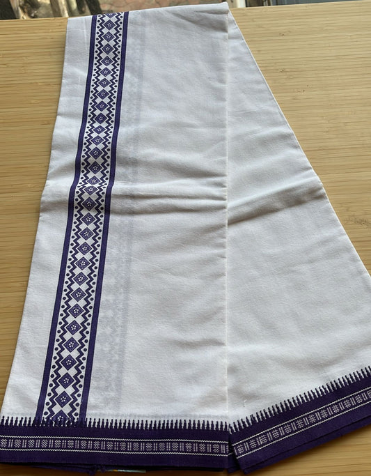 Pure White Single Dhoti With Violet Colour Print SL319