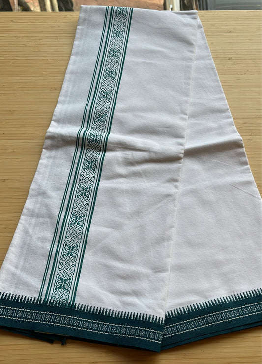 Pure White Single Dhoti With Blue Colour Print SL319