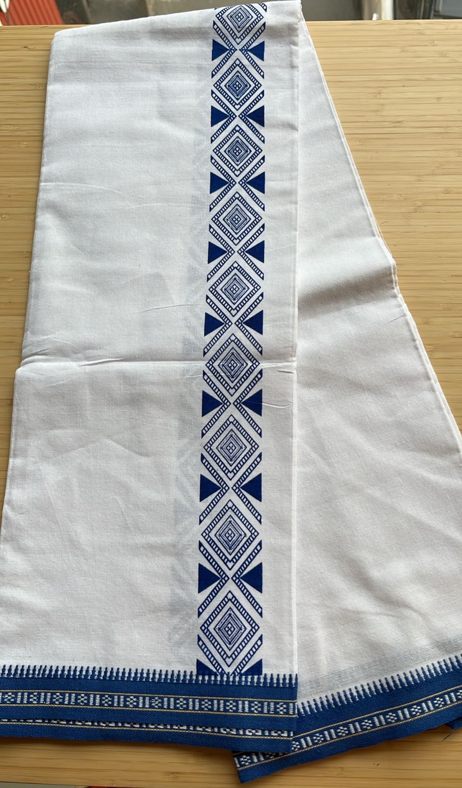 Pure White Single Dhoti With Blue Colour Print SL319