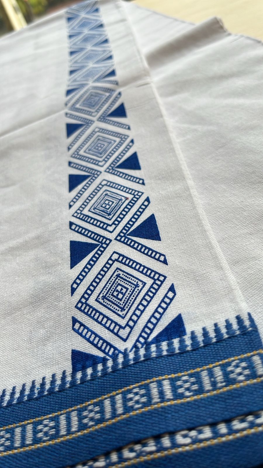 Pure White Single Dhoti With Blue Colour Print SL319