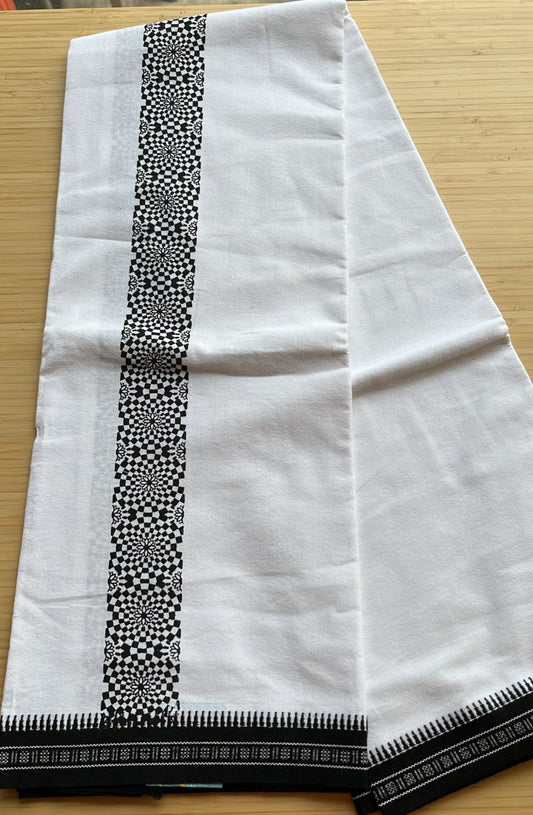 Pure White Single Dhoti With Black Colour Print SL319