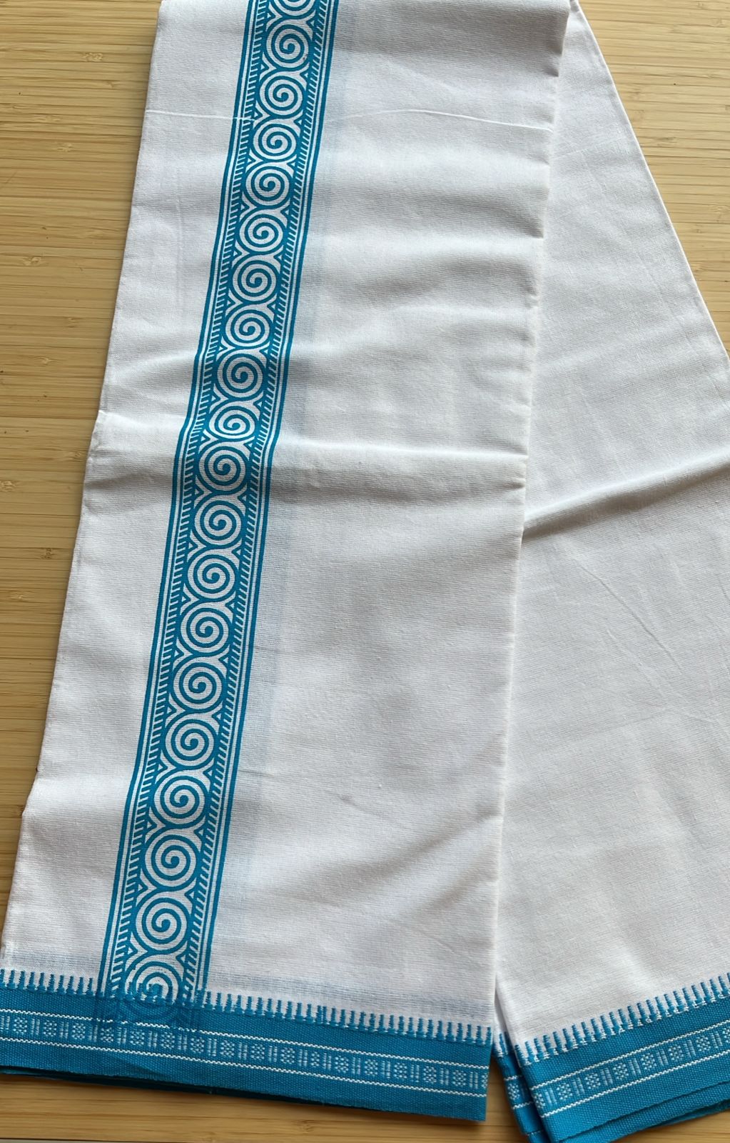 Pure White Single Dhoti With Blue Colour Print SL319