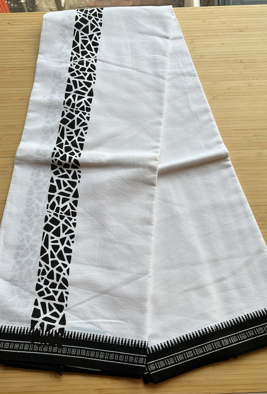 Pure White Single Dhoti With Black Colour Print SL319