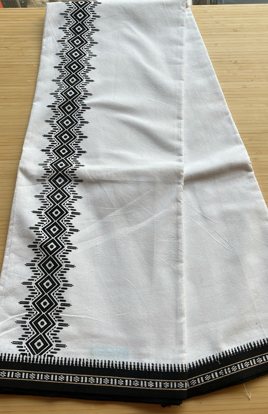 Pure White Single Dhoti With Black Colour Print SL319