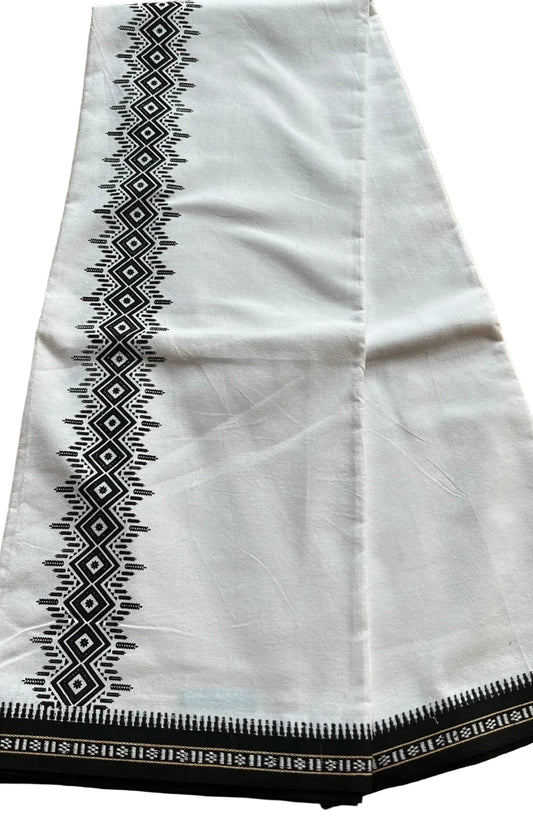 Pure White Single Dhoti With Black Colour Print SL319