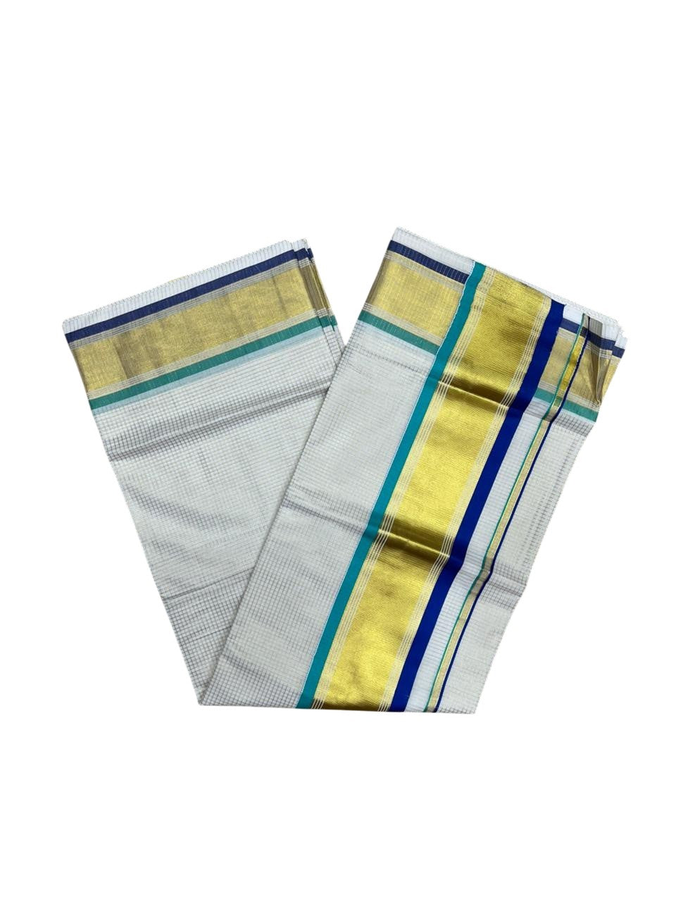 Southloom Kerala Cotton Kasavu Saree with Micro Check Design on Body in Turquoise And Blue Border SL451