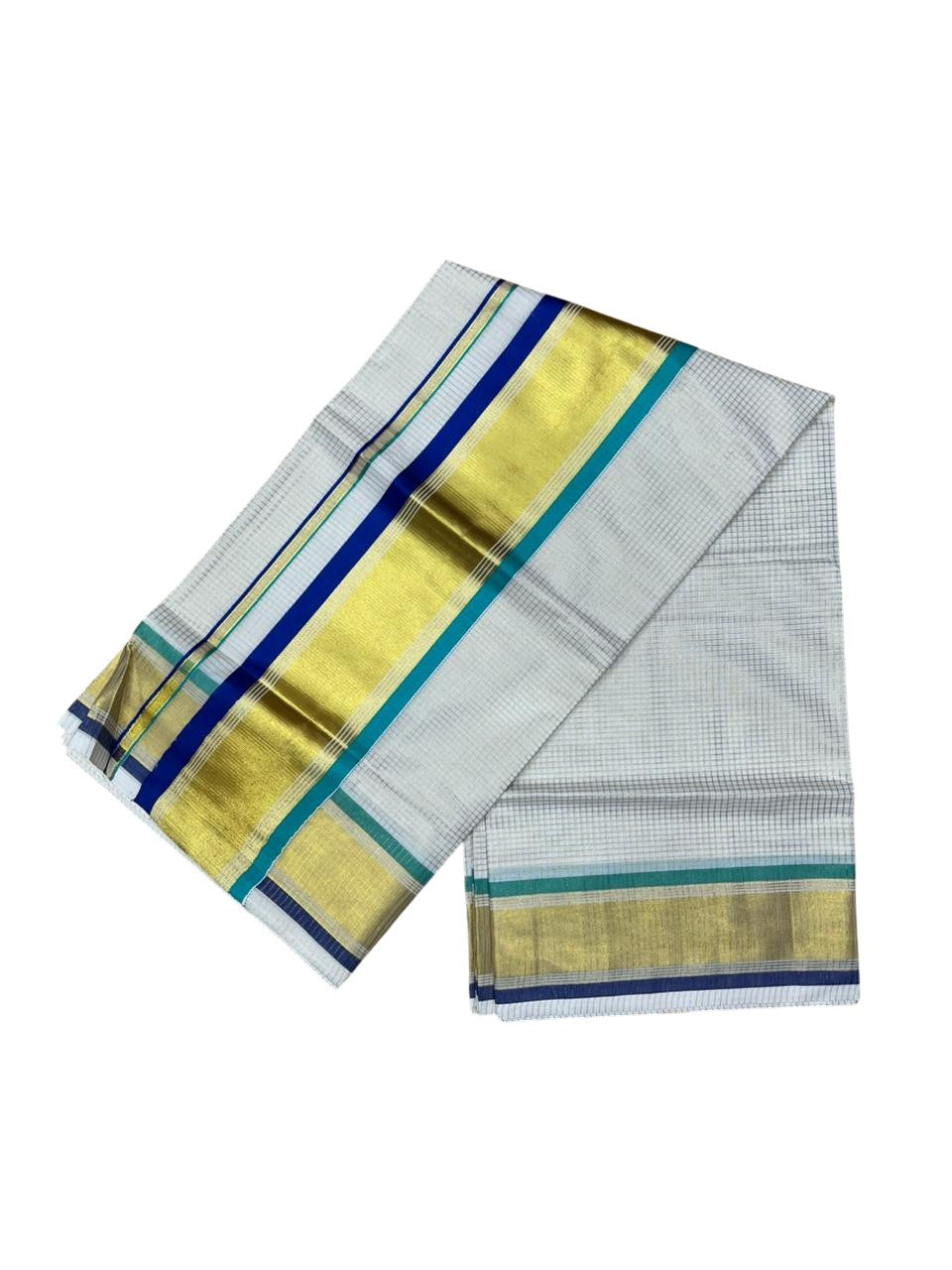Southloom Kerala Cotton Kasavu Saree with Micro Check Design on Body in Turquoise And Blue Border SL451