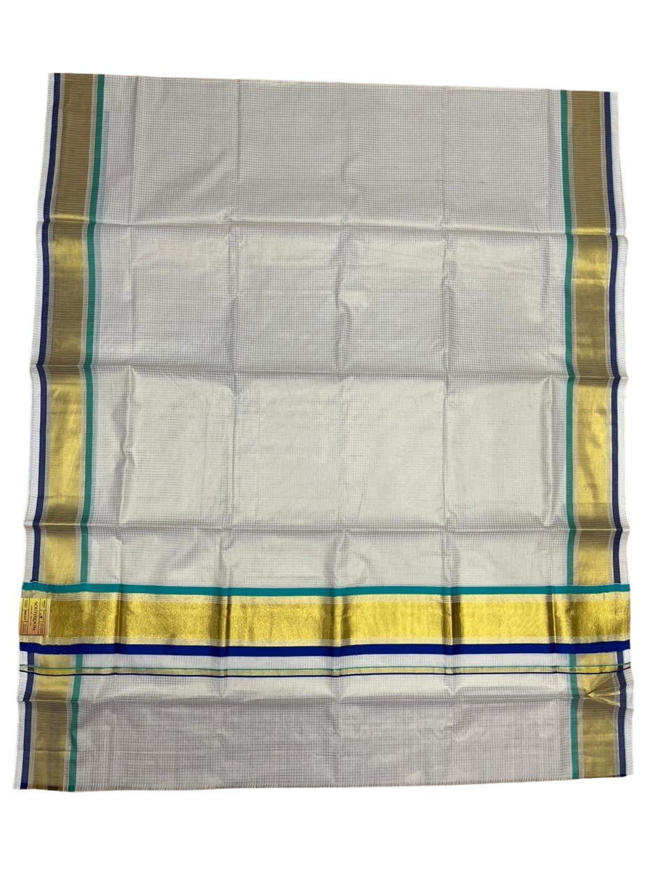 Southloom Kerala Cotton Kasavu Saree with Micro Check Design on Body in Turquoise And Blue Border SL451