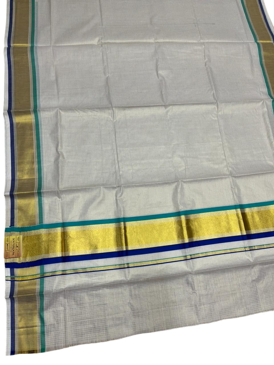 Southloom Kerala Cotton Kasavu Saree with Micro Check Design on Body in Turquoise And Blue Border SL451