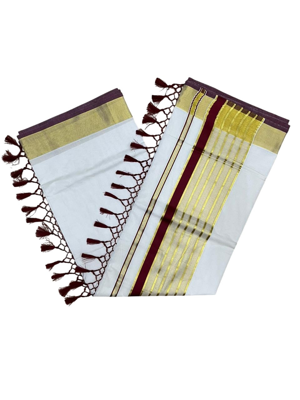 Southloom Pure Cotton Kerala Kasavu Saree with Gold Stripes on Body with Maroon Borders SL449