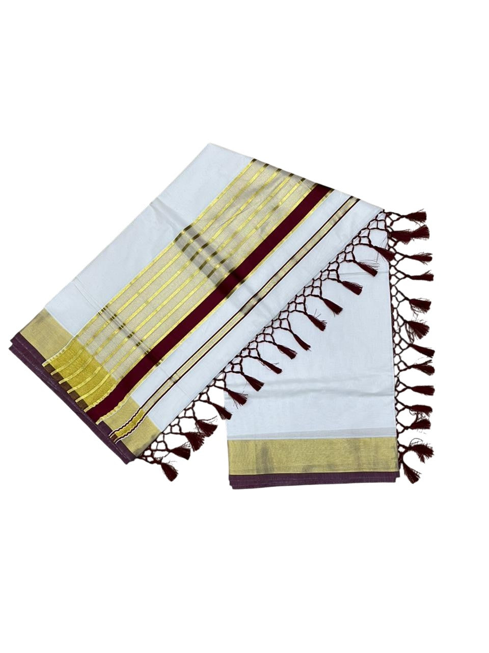 Southloom Pure Cotton Kerala Kasavu Saree with Gold Stripes on Body with Maroon Borders SL449