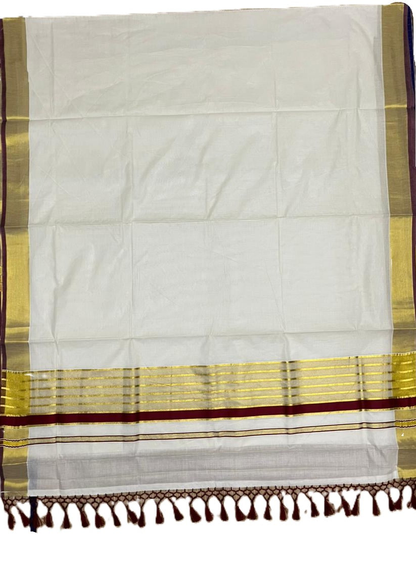 Southloom Pure Cotton Kerala Kasavu Saree with Gold Stripes on Body with Maroon Borders SL449