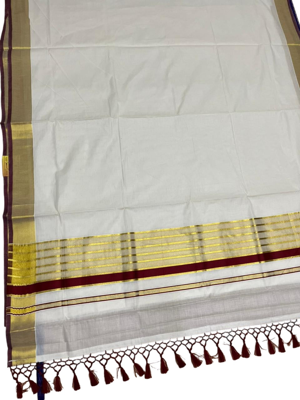 Southloom Pure Cotton Kerala Kasavu Saree with Gold Stripes on Body with Maroon Borders SL449