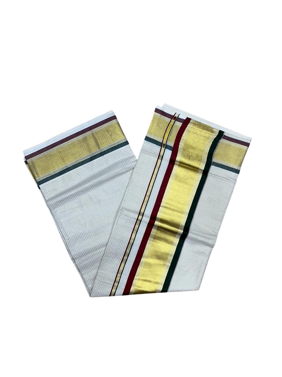Southloom Kerala Cotton Kasavu Saree with Micro Check Design on Body in Green And Maroon Border SL447