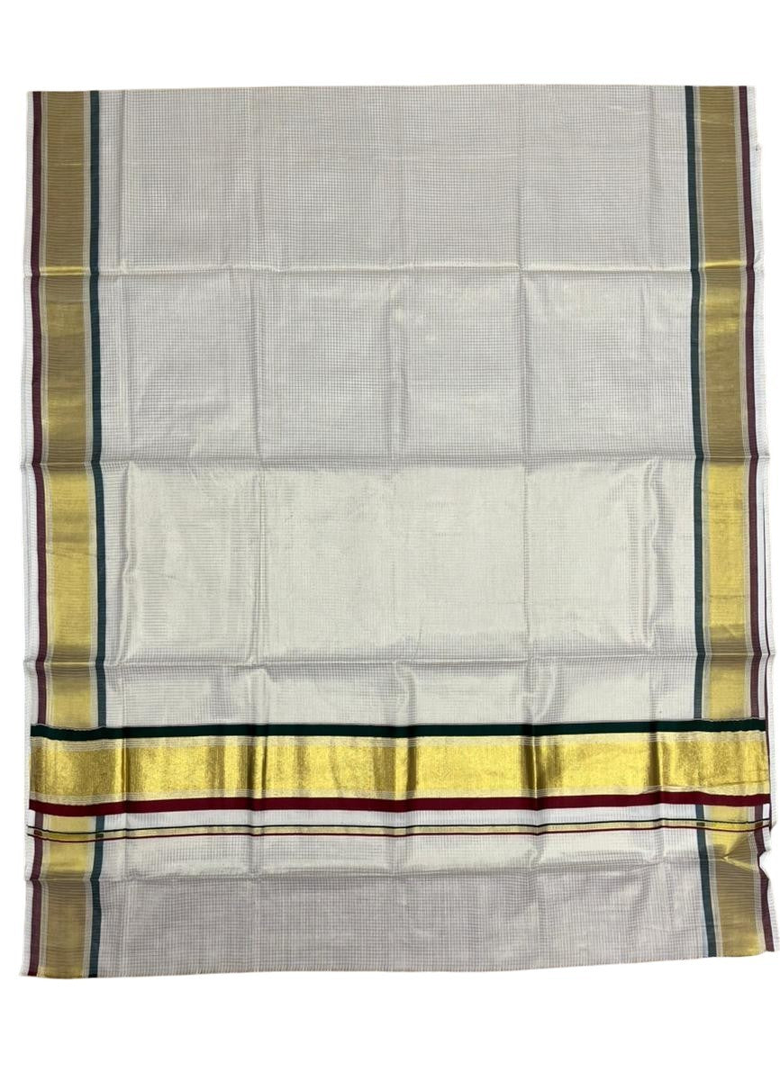 Southloom Kerala Cotton Kasavu Saree with Micro Check Design on Body in Green And Maroon Border SL447