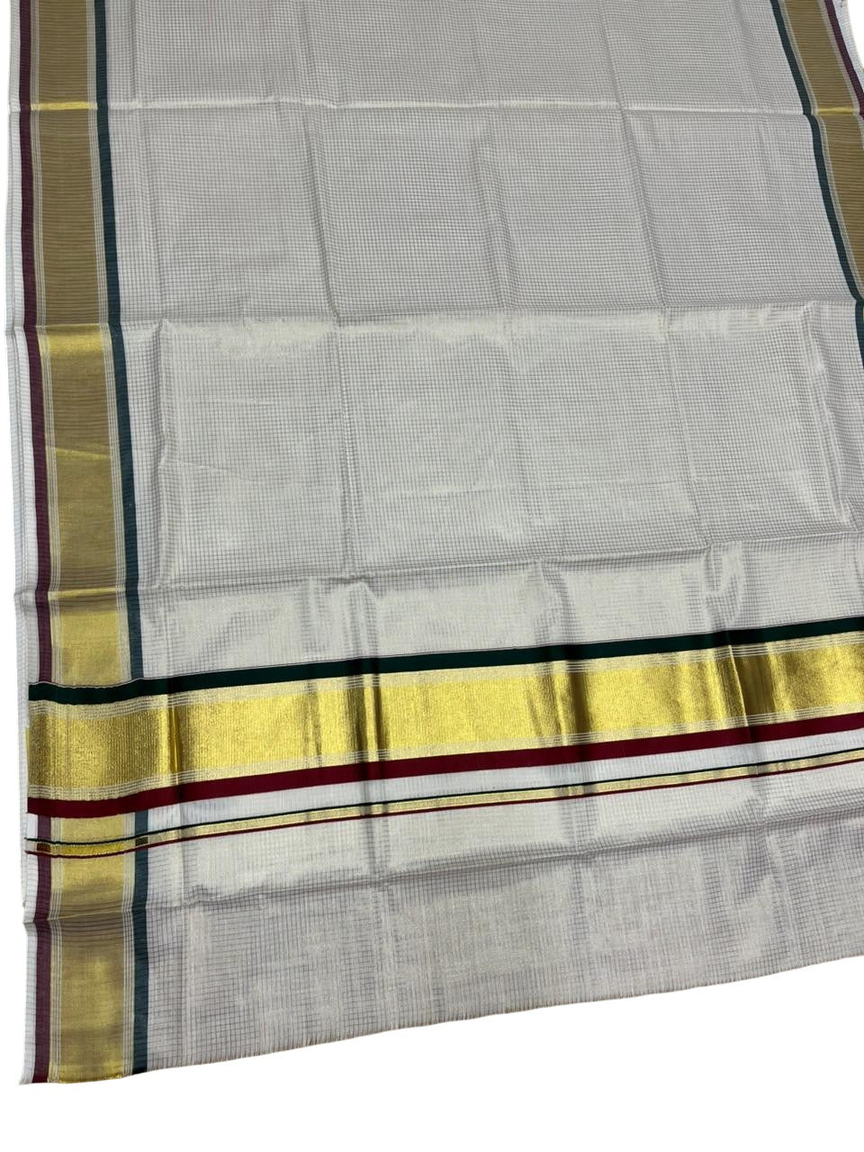 Southloom Kerala Cotton Kasavu Saree with Micro Check Design on Body in Green And Maroon Border SL447