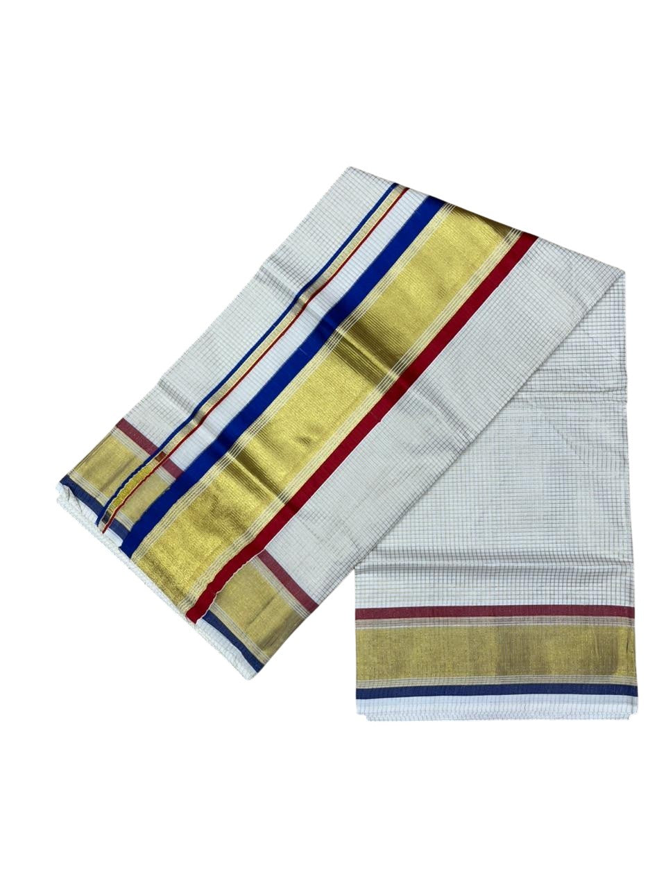 Southloom Kerala Cotton Kasavu Saree with Micro Check on Body in Red And Blue Border SL447