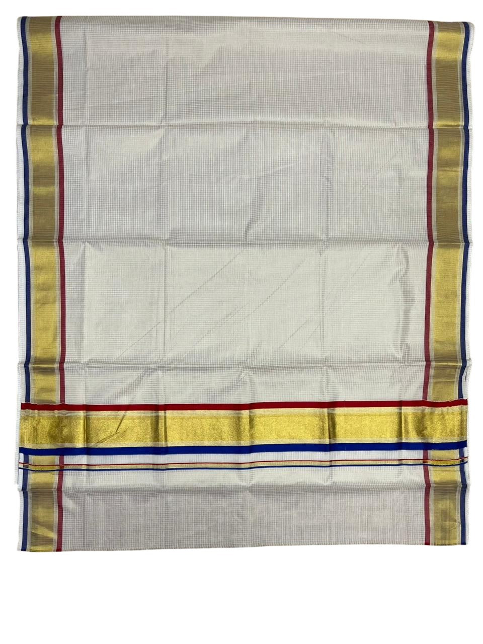 Southloom Kerala Cotton Kasavu Saree with Micro Check on Body in Red And Blue Border SL447